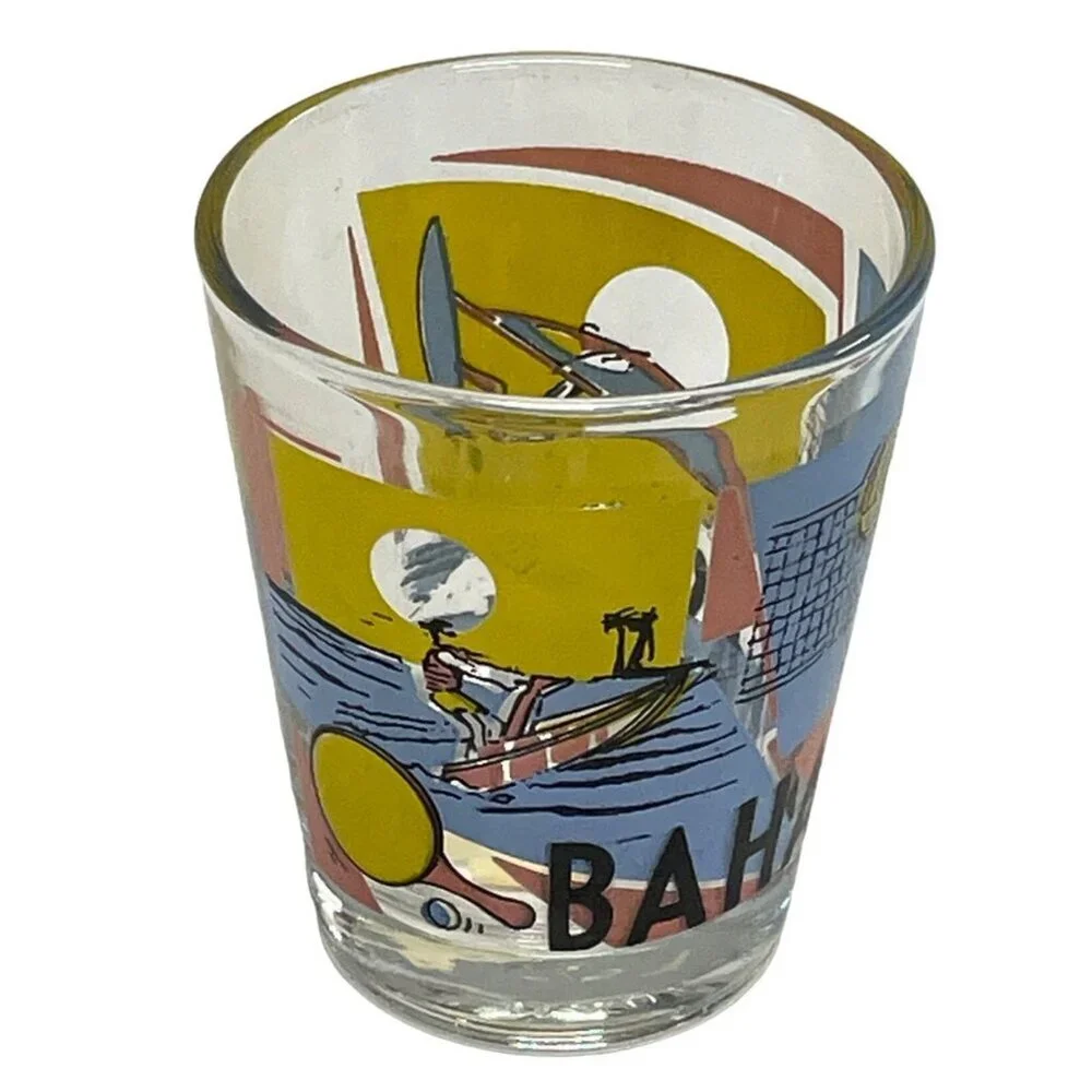 Vintage Shot Glass Bahamas Island Surfing Water Ski‎ Sun Volleyball